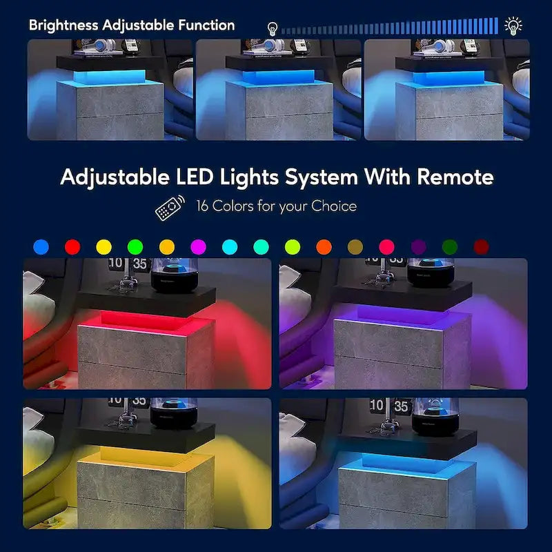 Table de chevet à LED 2 tiroirs Étagère ouverte Éclairage multicolore 6 couleurs