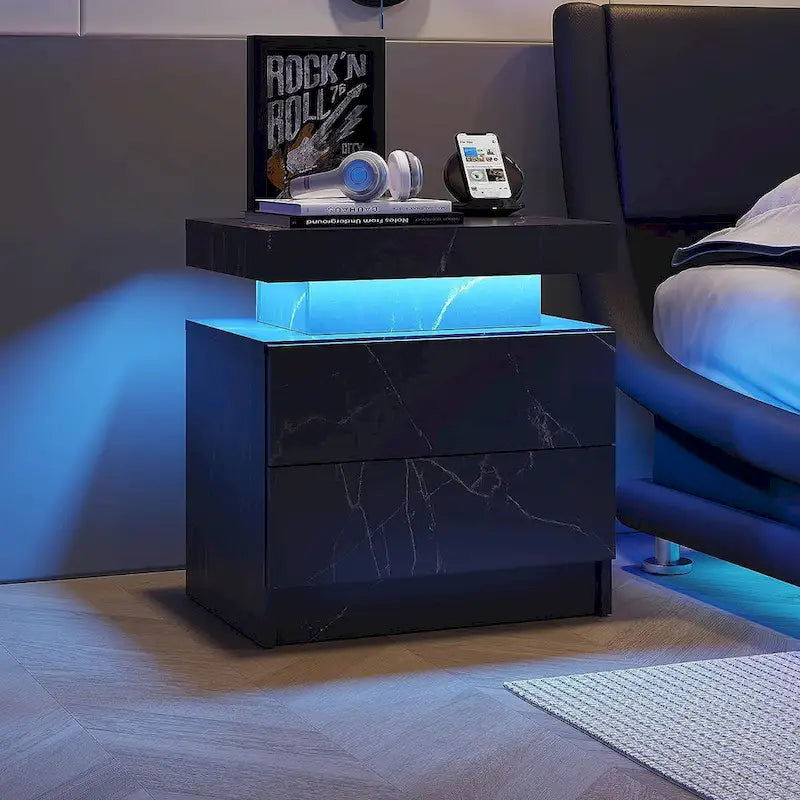 Table de chevet à LED 2 tiroirs Étagère ouverte Éclairage multicolore 6 couleurs