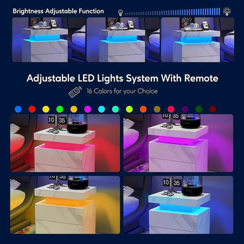 Table de chevet à LED 2 tiroirs Étagère ouverte Éclairage multicolore 6 couleurs