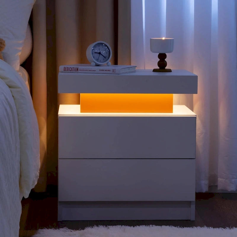 Table de chevet à LED 2 tiroirs Étagère ouverte Éclairage multicolore 6 couleurs
