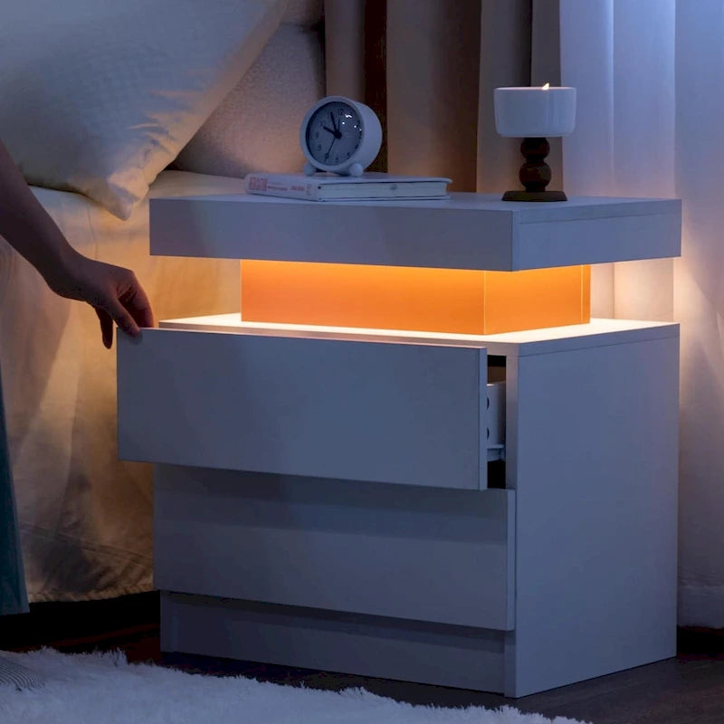 Table de chevet à LED 2 tiroirs Étagère ouverte Éclairage multicolore 6 couleurs