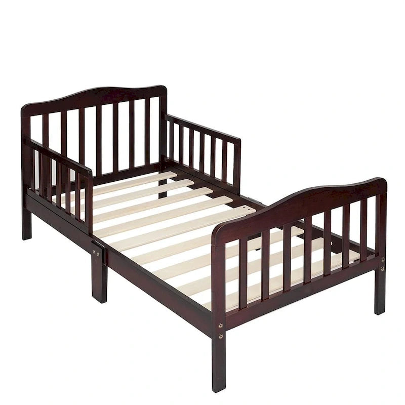 Lit pour tout-petits Pinewood avec double barrière de sécurité, profil bas, pour enfants, marron, blanc, gris