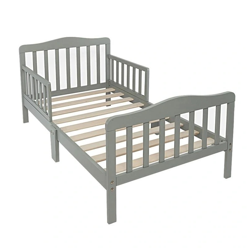 Lit pour tout-petits Pinewood avec double barrière de sécurité, profil bas, pour enfants, marron, blanc, gris