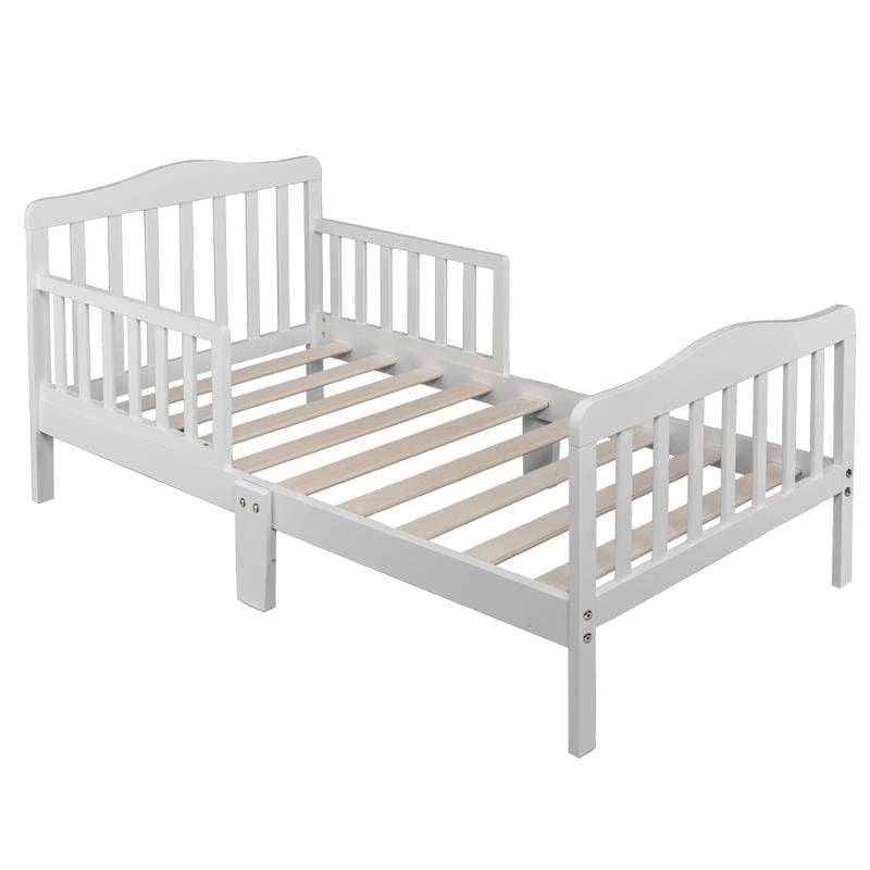 Lit pour tout-petits Pinewood avec double barrière de sécurité, profil bas, pour enfants, marron, blanc, gris
