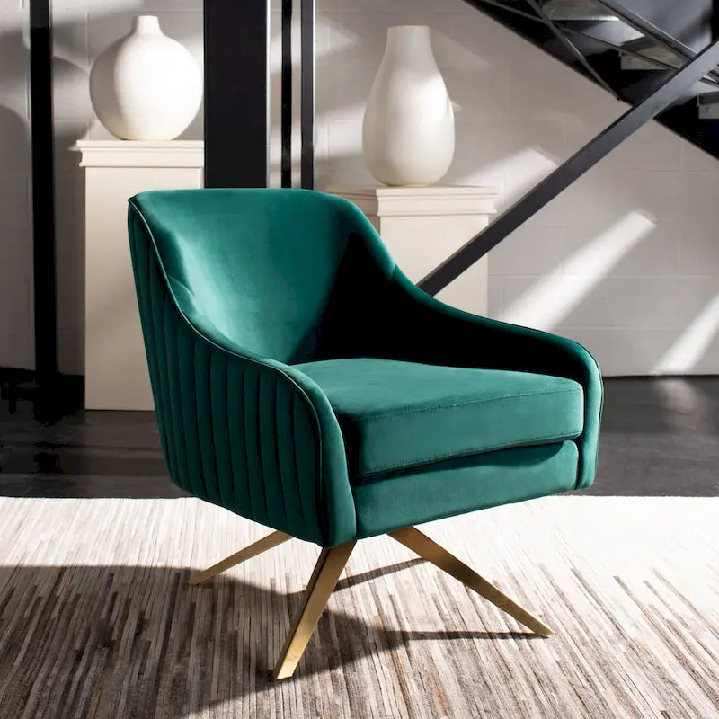 Fauteuil d'appoint en velours capitonné pivotant avec piétement doré en X Rose poudré Vert écume de mer Émeraude