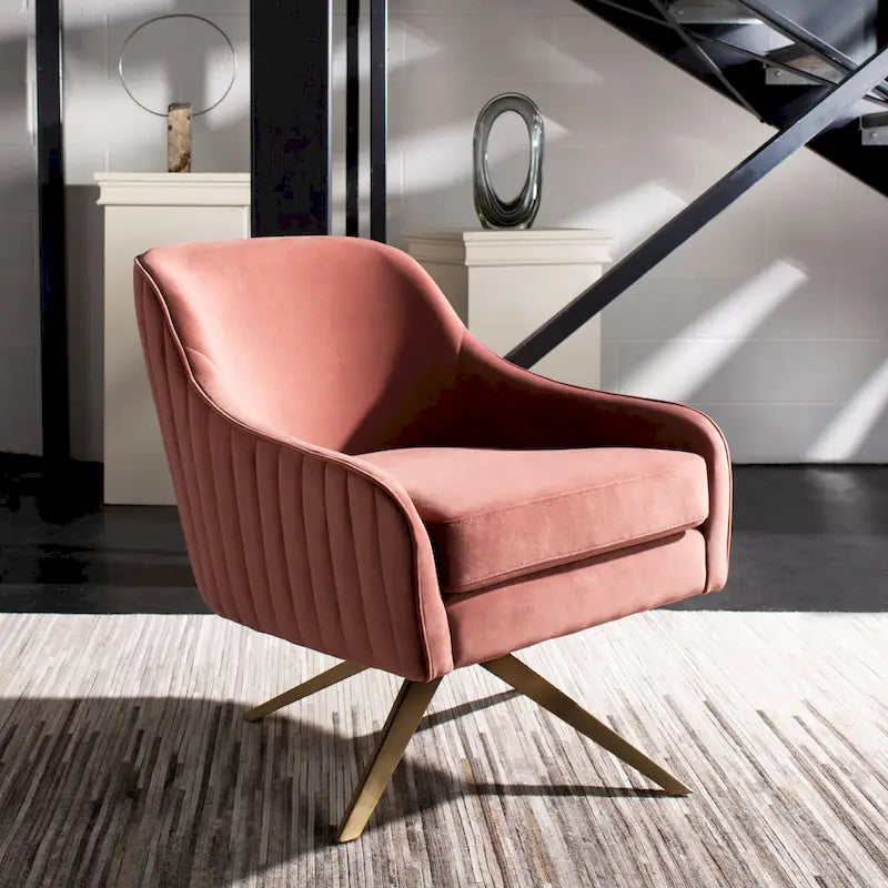 Fauteuil d'appoint en velours capitonné pivotant avec piétement doré en X Rose poudré Vert écume de mer Émeraude