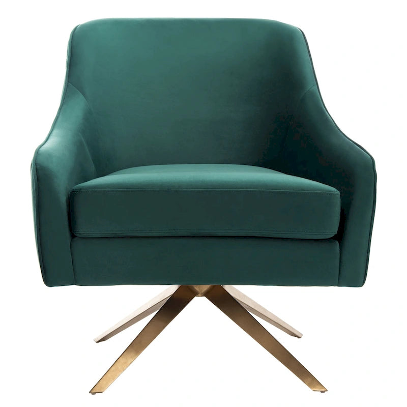 Fauteuil d'appoint en velours capitonné pivotant avec piétement doré en X Rose poudré Vert écume de mer Émeraude