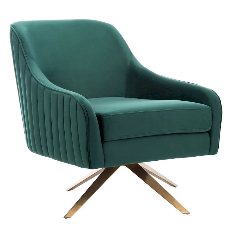 Fauteuil d'appoint en velours capitonné pivotant avec piétement doré en X Rose poudré Vert écume de mer Émeraude