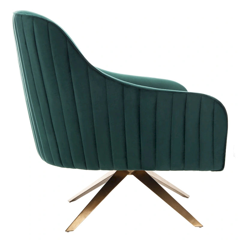Fauteuil d'appoint en velours capitonné pivotant avec piétement doré en X Rose poudré Vert écume de mer Émeraude