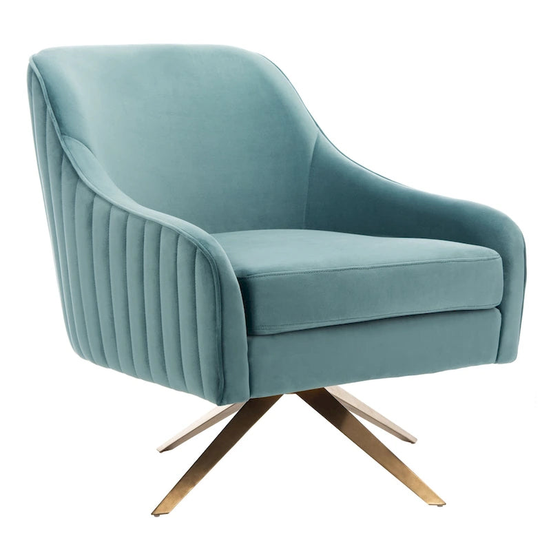 Fauteuil d'appoint en velours capitonné pivotant avec piétement doré en X Rose poudré Vert écume de mer Émeraude