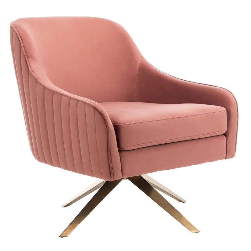 Fauteuil d'appoint en velours capitonné pivotant avec piétement doré en X Rose poudré Vert écume de mer Émeraude