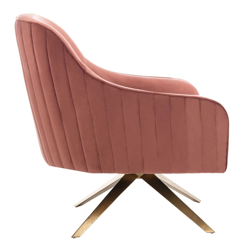 Fauteuil d'appoint en velours capitonné pivotant avec piétement doré en X Rose poudré Vert écume de mer Émeraude