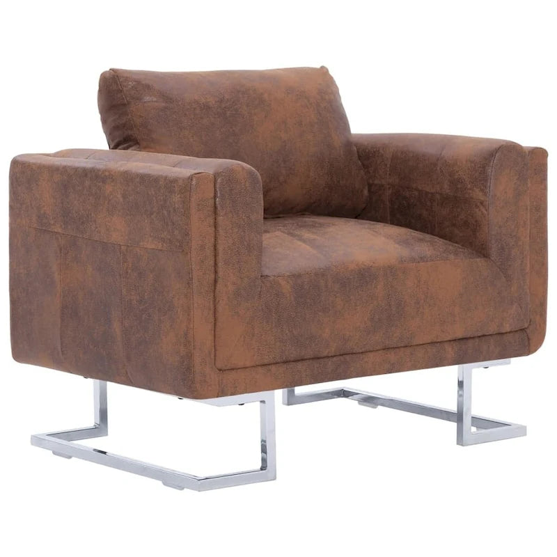Fauteuil Cube en Faux Daim, Coussin de Dossier, Pieds Chromés Marron