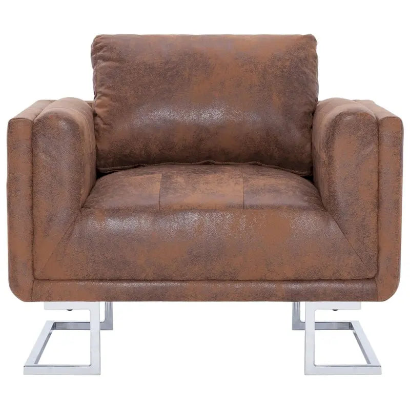 Fauteuil Cube en Faux Daim, Coussin de Dossier, Pieds Chromés Marron