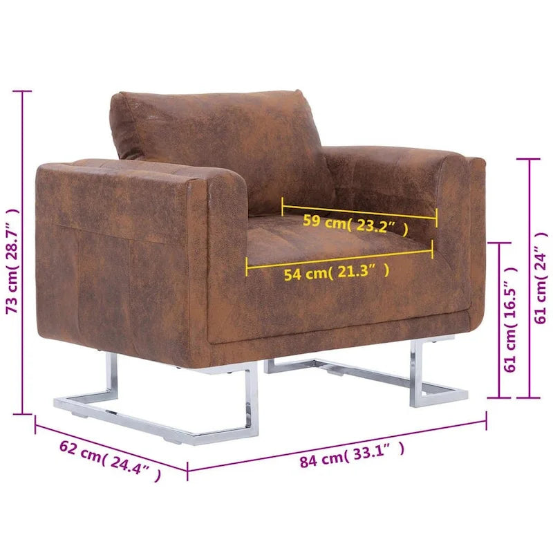 Fauteuil Cube en Faux Daim, Coussin de Dossier, Pieds Chromés Marron