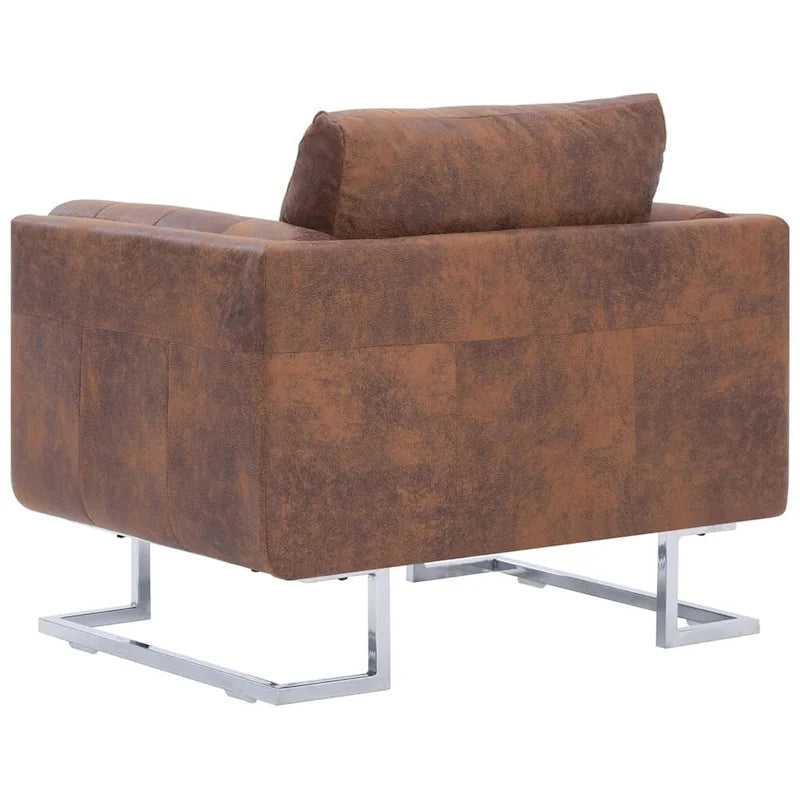 Fauteuil Cube en Faux Daim, Coussin de Dossier, Pieds Chromés Marron