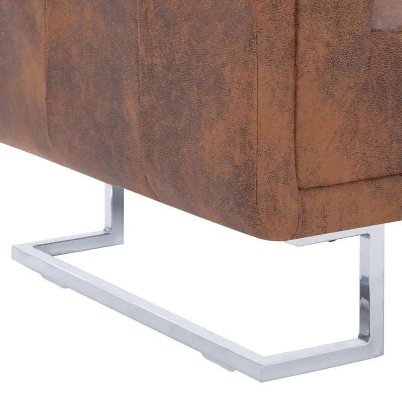 Fauteuil Cube en Faux Daim, Coussin de Dossier, Pieds Chromés Marron