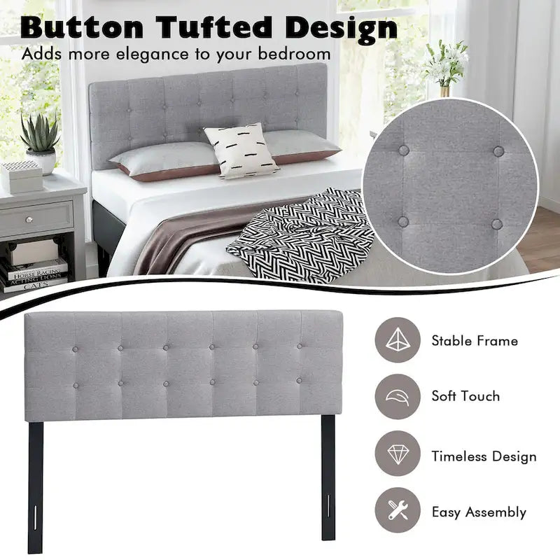 Tête de lit en lin touffeté avec boutons, taille Queen, réglable en largeur, pieds en bois d'hévéa, gris