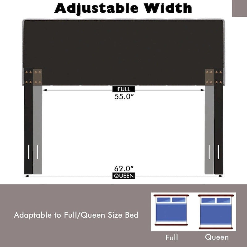 Tête de lit en lin touffeté avec boutons, taille Queen, réglable en largeur, pieds en bois d'hévéa, gris