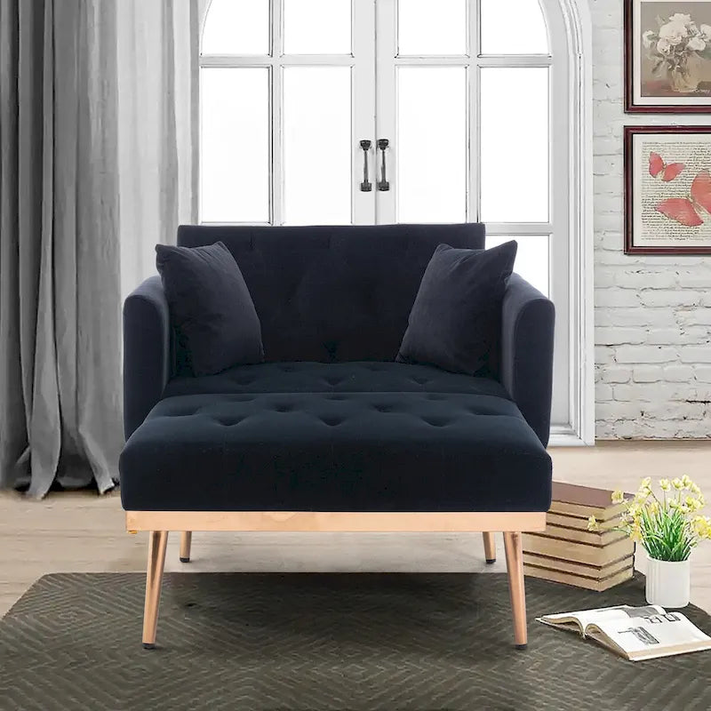 Chaise longue d'appoint capitonnée en velours, avec dossier incurvé, mousse épaisse et pieds en or rose
