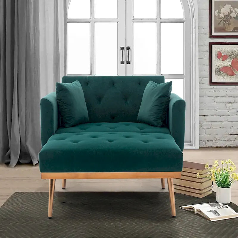 Chaise longue d'appoint capitonnée en velours, avec dossier incurvé, mousse épaisse et pieds en or rose