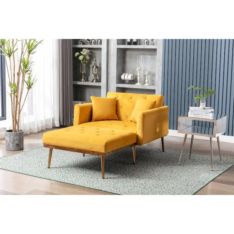 Chaise longue d'appoint capitonnée en velours, avec dossier incurvé, mousse épaisse et pieds en or rose