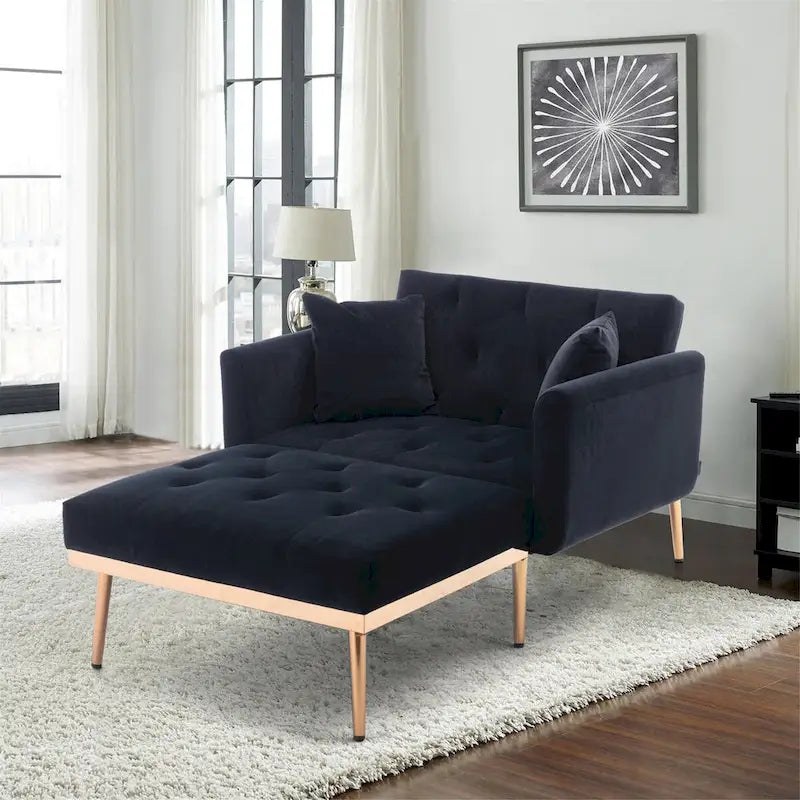 Chaise longue d'appoint capitonnée en velours, avec dossier incurvé, mousse épaisse et pieds en or rose