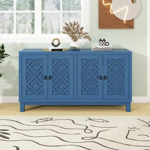 Buffet bahut 4 portes, motifs losanges sculptés, pieds en bois d'hévéa, blanc bleu noir