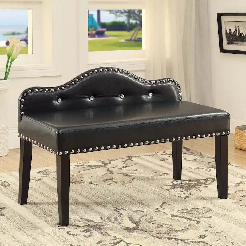 Banc d'appoint en similicuir Camelback, capitonnage en cristal, clous décoratifs, pieds expresso, noir