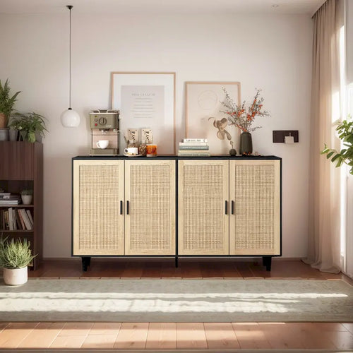 Buffet 4 portes en rotin avec rangement, panneaux de particules, pieds en bois massif noir