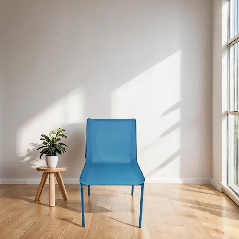 Fabien Minimalist Leather Dining Chair With Stitching Detail in Blue
