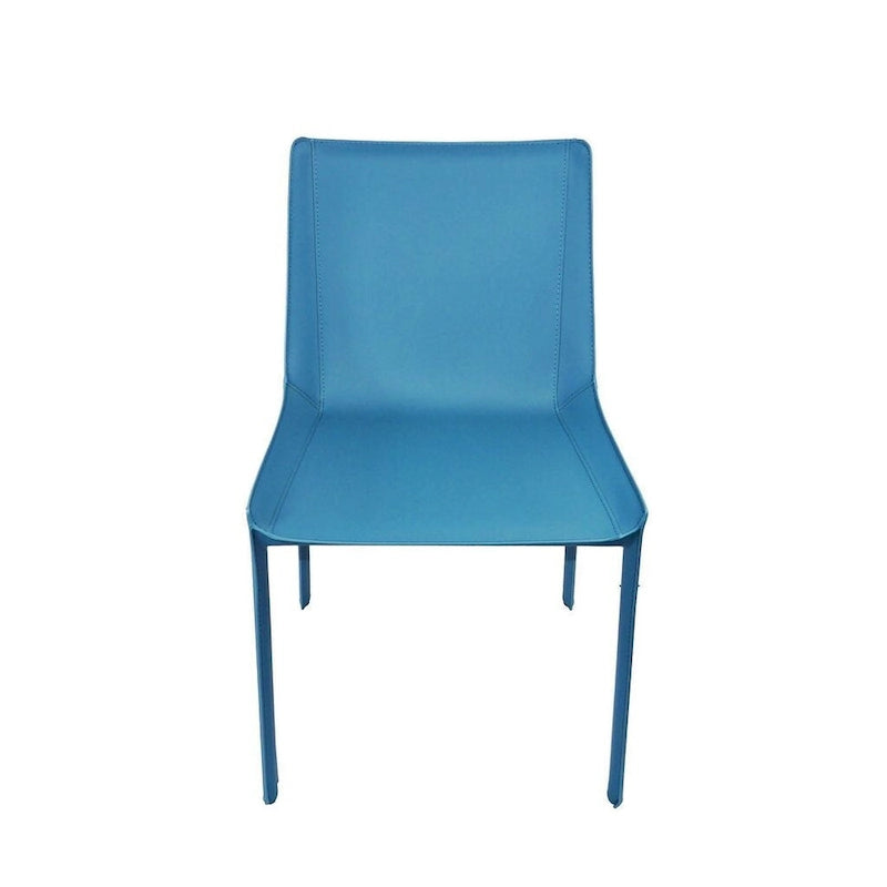Chaise de salle à manger minimaliste en cuir recyclé, cadre laqué mat, sans accoudoirs, bleue