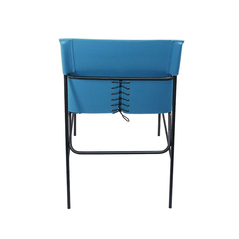 Chaise de salle à manger minimaliste en cuir recyclé, cadre laqué mat, sans accoudoirs, bleue
