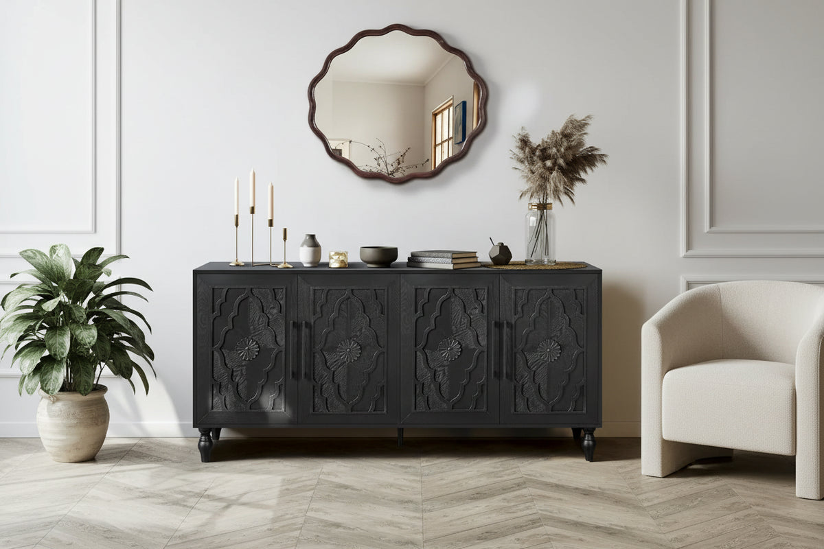 Carved Flower Door Large Storage Cabinet with Metal Handle
