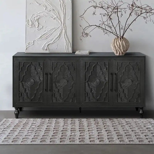 Buffet 4 portes sculpté floral, placard de rangement, poignées en métal, pieds tournés, noir