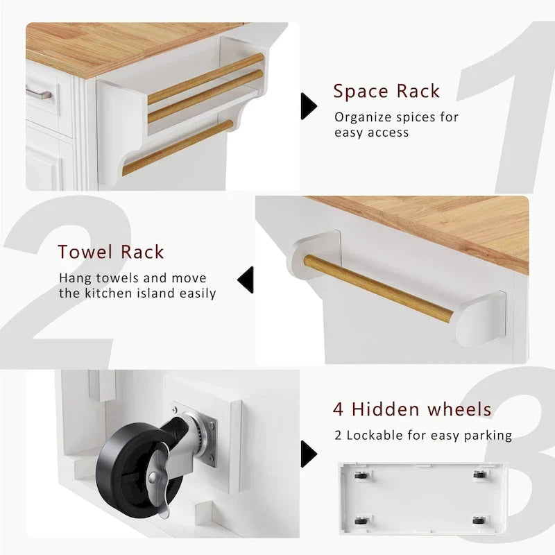 Grand îlot de cuisine avec abattant en bois, desserte à roulettes avec texture en relief, portes, tiroirs et rangement pour cuisine, blanc