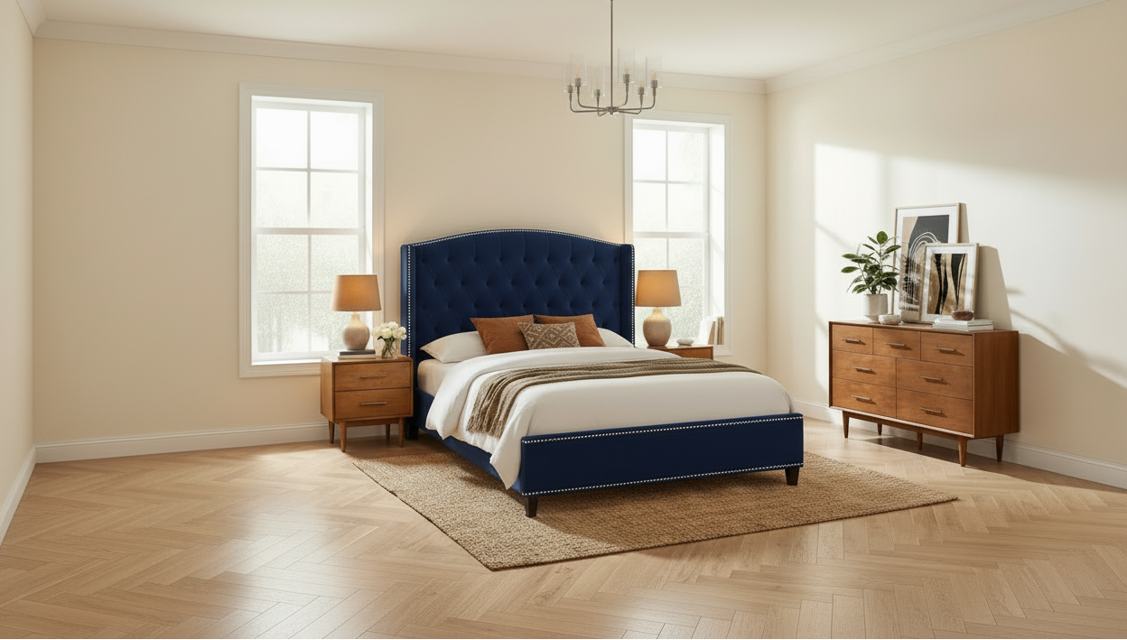 Velvet Wingback Bed - Wide Angle Bright Bedroom
